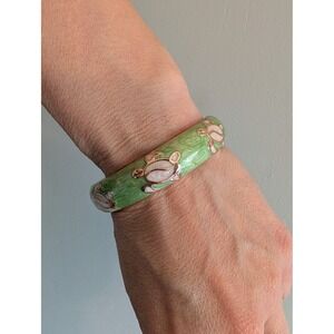 Vintage Jiu Long Xing Green Enamel Sea Turtle Hinged Bangle Bracelet Gold Tone